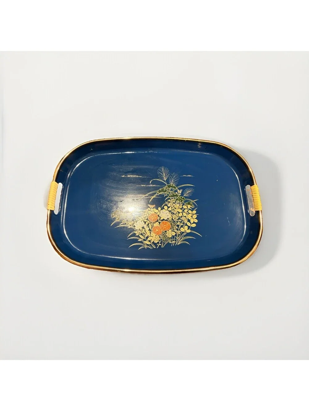 Vintage Japanese Lacquerware Serving Tray Blue Floral Gold Trim Made Japan